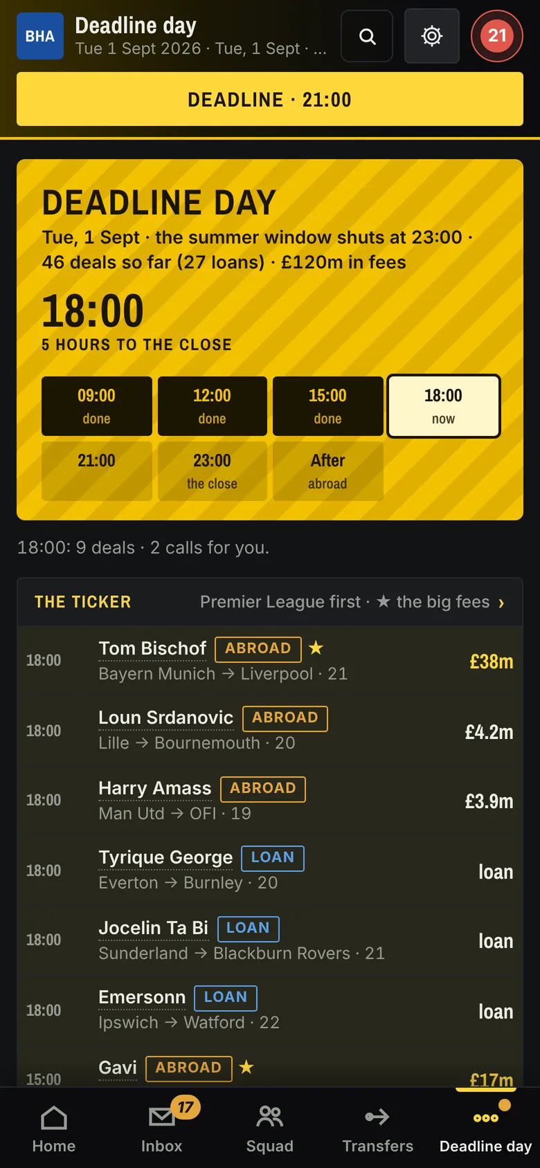 Deadline day screen at 18:00: a countdown of the day's sessions, the transfer ticker, and bids waiting for a reply