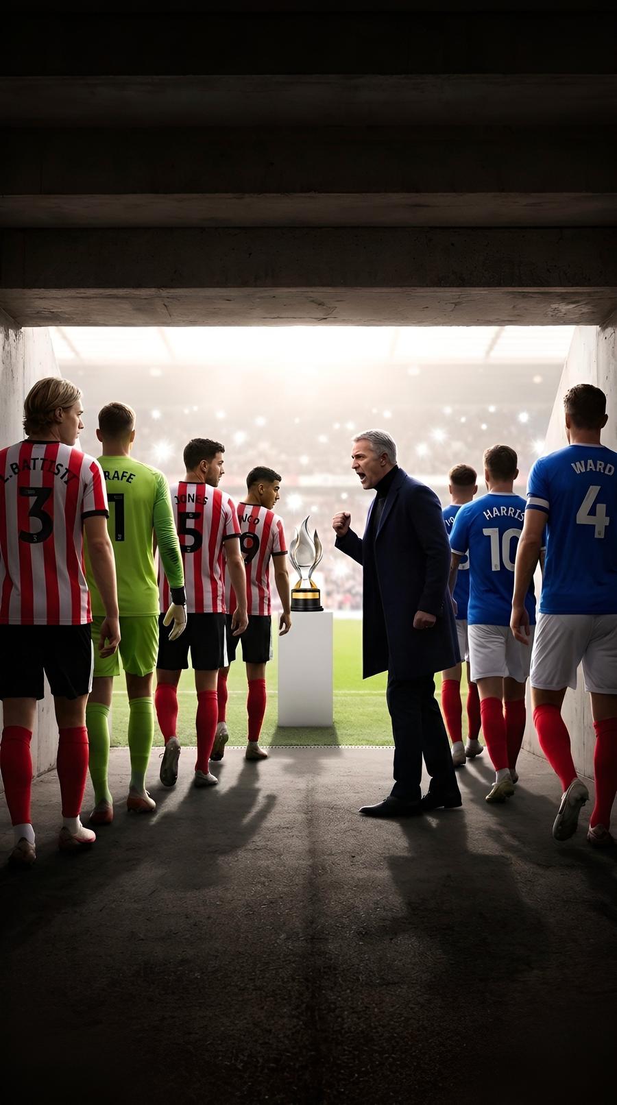 Two teams walk out of a stadium tunnel towards a trophy on a plinth while their manager shouts encouragement.